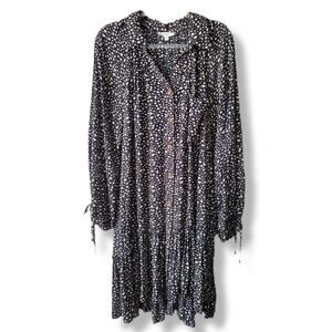 Easel Black Beige Dot Ruffle Shirt Shift Dress L Boho Chic Casual Relaxed Easy